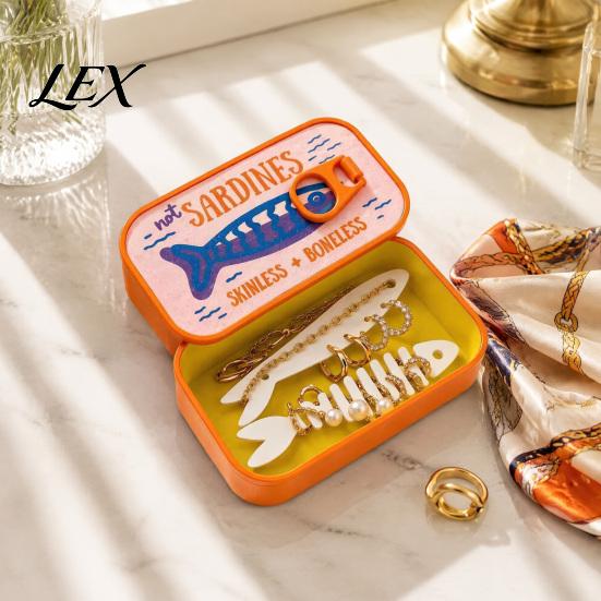 Birthday Gift for Girls Jewelry Case with Fishbone Storage Bracket, Portable Sardine Tin Can Holder Box, Lightweight Compact Container Travel