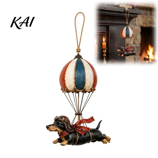 Artistic Puppy Hanging Decor Flying Dachshund Hot Air Balloon Ornament, Vintage Resin Dog Wall Hanger, Small Decorative Figurine for Porch Whimsical