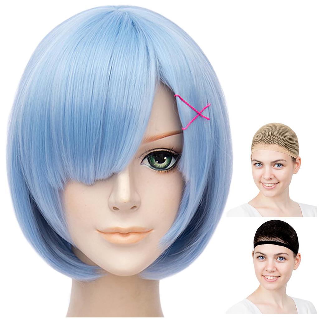 CaseEden Cosplay Wig, Smooth, Short, 30cm, Heat-Resistant, Light Blue, Includes 2 Wig Nets