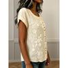 Women Light Blue Floral Embroidery Round Neck Full Button Roll Cuff Short Sleeve Loose Casual Blouse