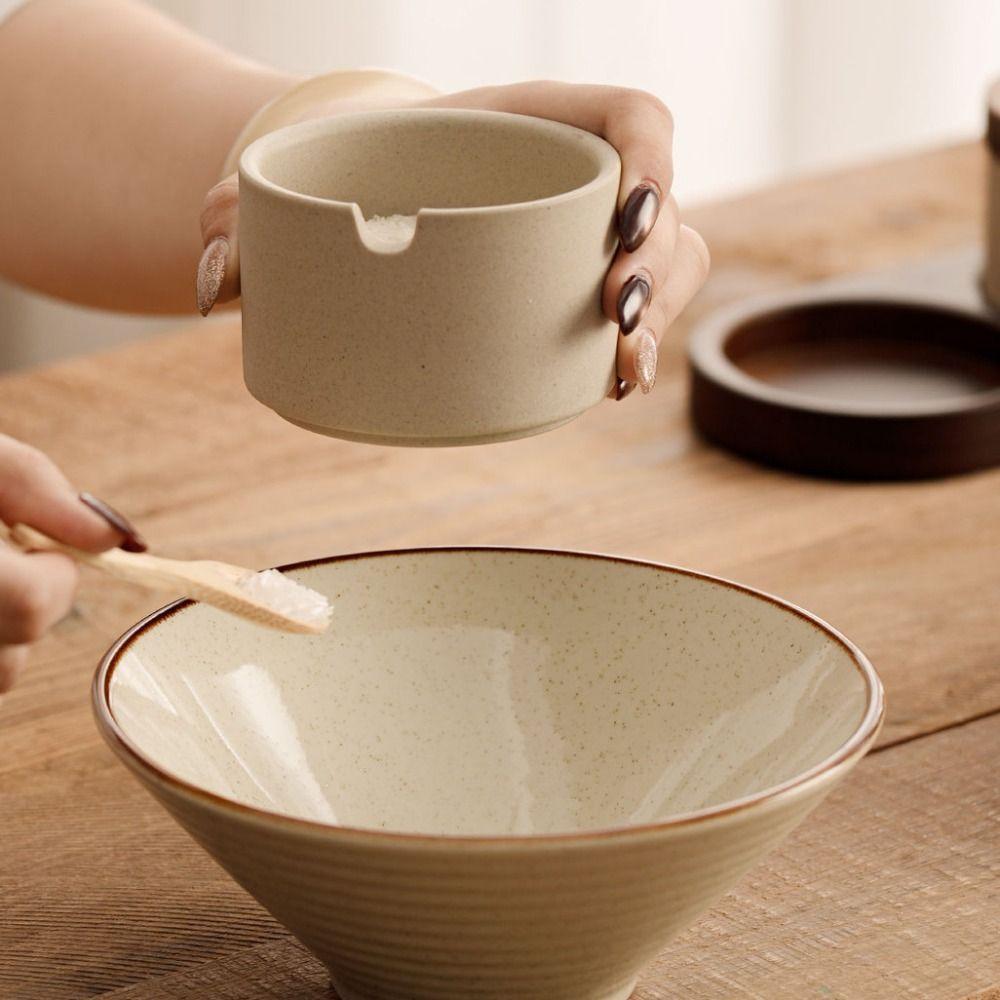 Japanese Style Ceramic Seasoning Jar with Lid Spoon Tray Seasoning Box Spice Container Restaurant