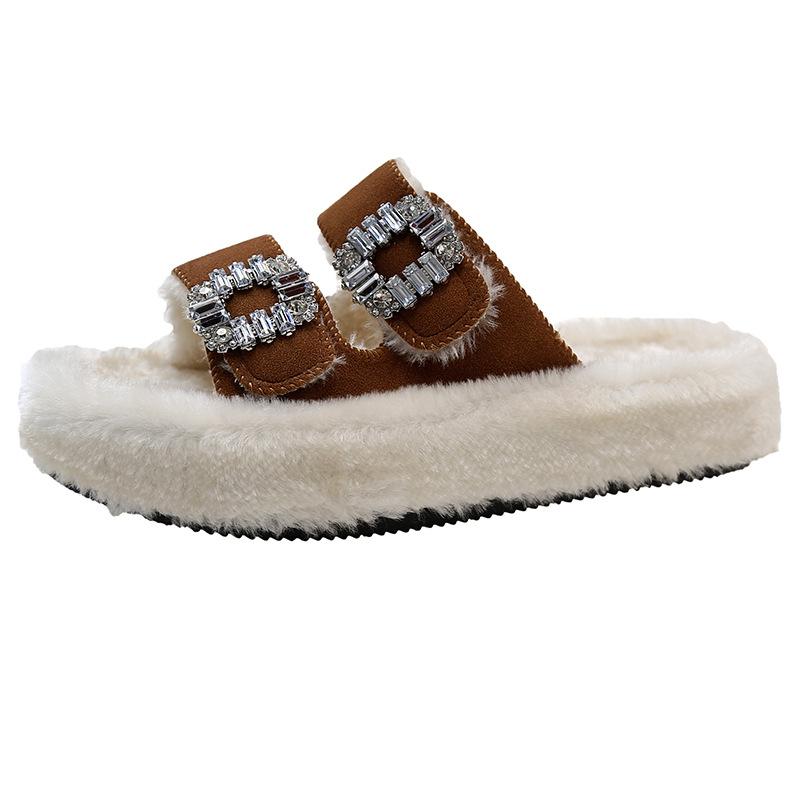 Интернет-знаменитости популярная квадратная пряжка со стразами мех ягненка мех интегрированный плоская подошва хлопковые шлепанцы с открытым носком повседневные теплые пушистые тапочки женские