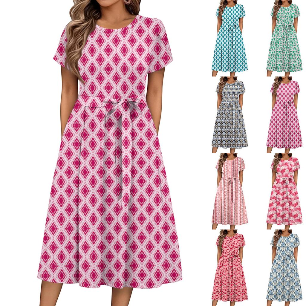 Women's Summer Casual Floral Print Round Neck Midi Dress Basic Classic Outdoor Everyday Short Sleeve Loose Dress