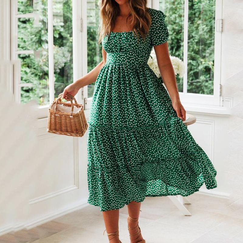Vestidos Vintage Vintage Print Puff Sleeve Summer Beach Sweet Dresses Casual Square Collar Floral Maxi Long Dress Festa