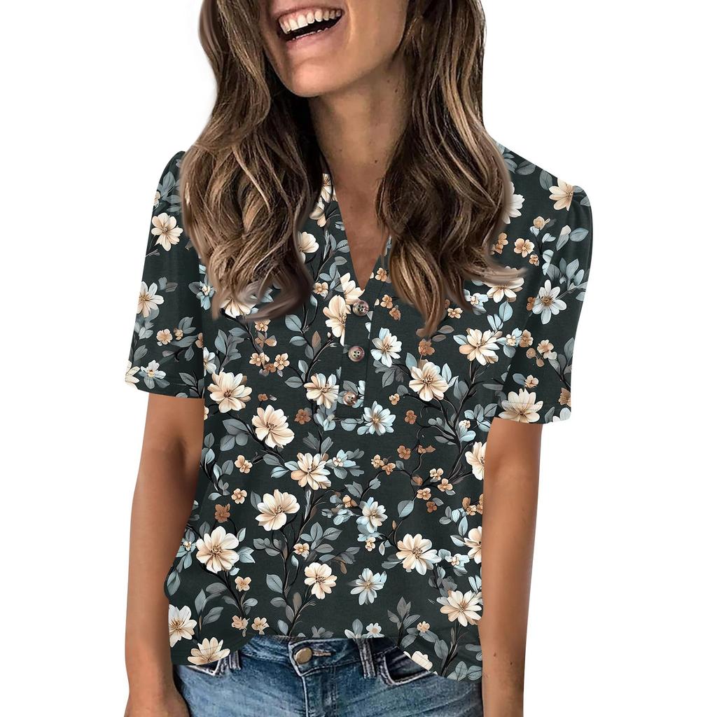 Women's Fashionable Casual Short Sleeve Button Print V-Neck Pullover Top