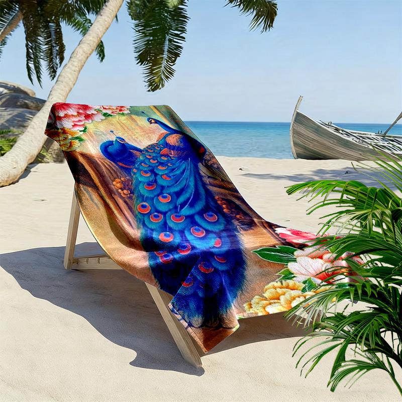 Peacock Oil Painting Print Beach Towel, Large Soft Quick Dry Towel for Beach Camping Swimming