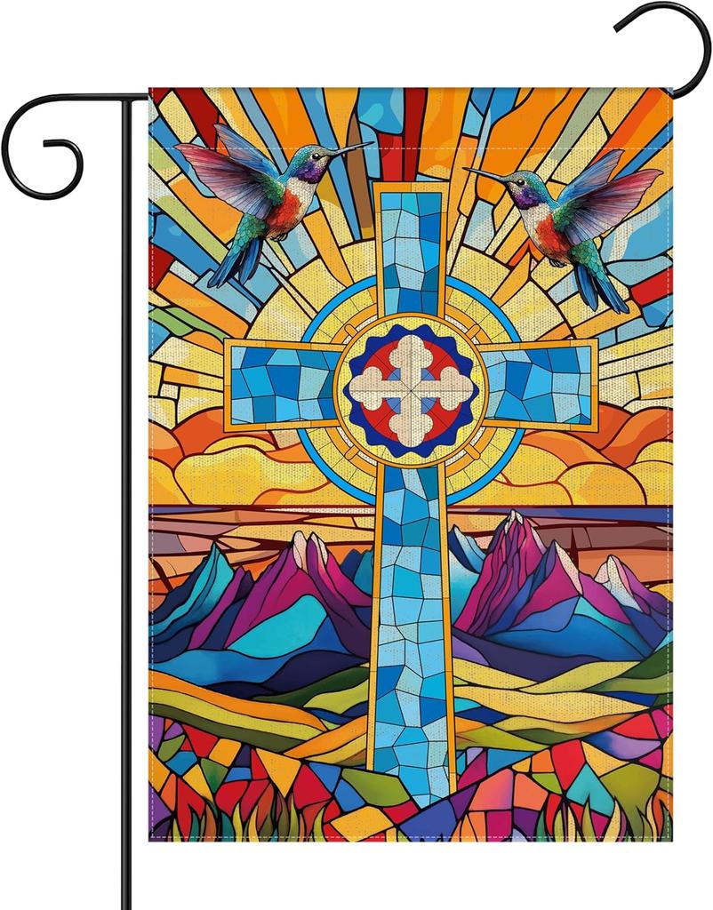WATINC Christian Stained Glass Cross Garden ag - 12 x 18 Inch Linen Religious Jesus Double Sided Yard Sign for Outside, Ea LLX