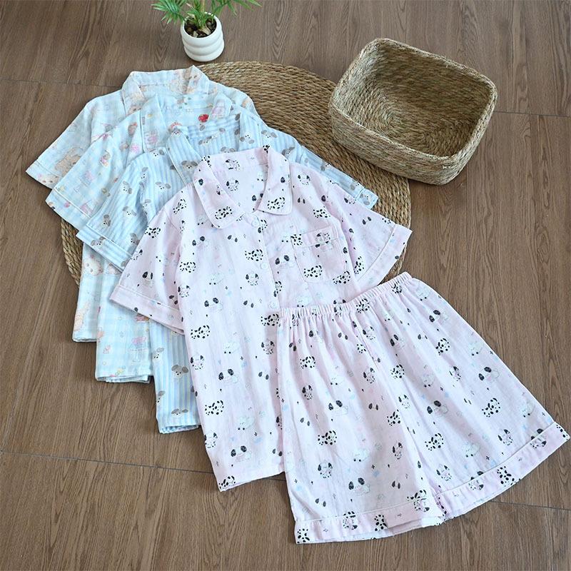 Summer Cotton Gauze Pajama Set Short Sleeve Shorts/Long Pants Breathable Thin Lapel Cartoon Loungewear