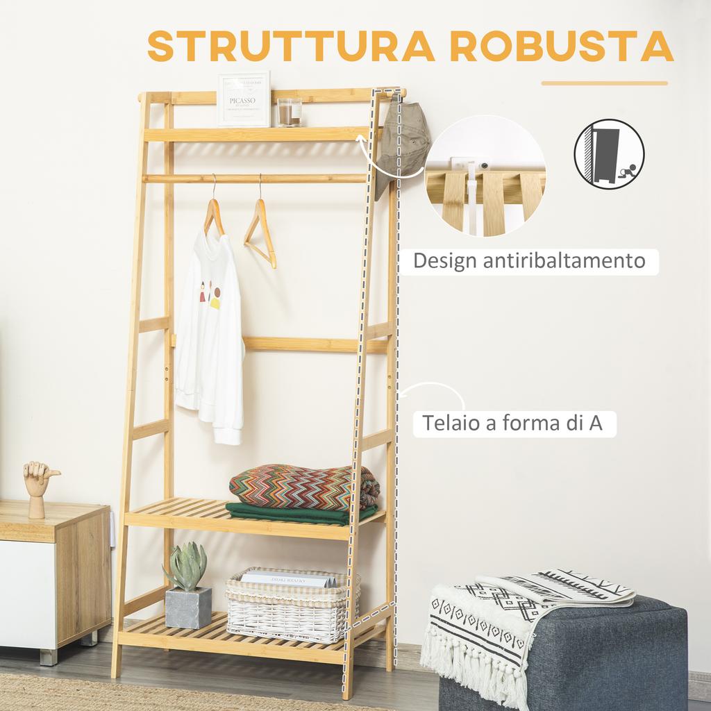 Bamboo Coat Rack with Shelves, 70x42x164cm, Wood Color
