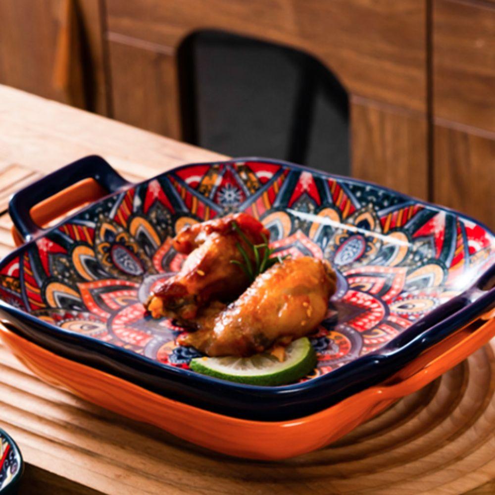 Квадратная богемская керамическая тарелка с бинауральной ручкой, фруктовая тарелка, креативная салатница для духовки