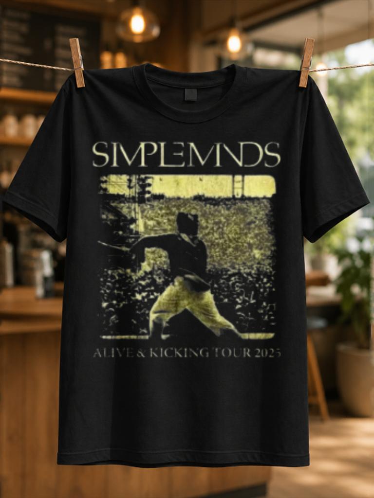 Simple Minds Alive Kicking Tour 2025 Yellow Monochrome Stage Scene With Large Band Lettering Unisex All Tshirt