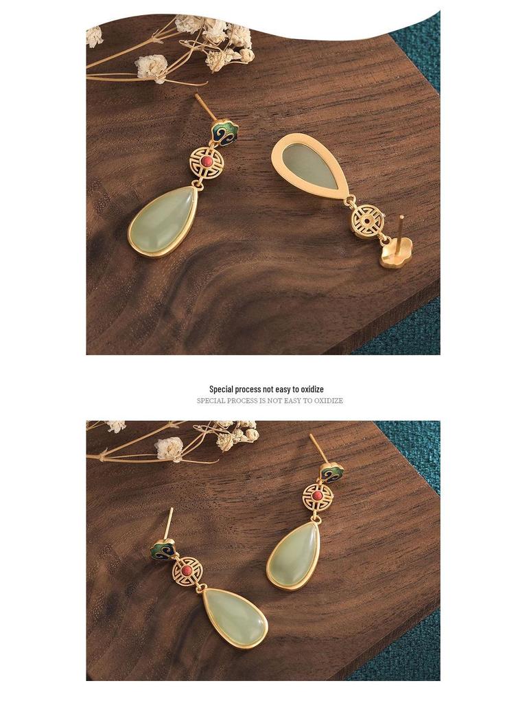 Серьги-пусеты из эмали Айрюань Ханфу с имитацией нефрита и агата Южного Красного цвета, дизайн «Облака»