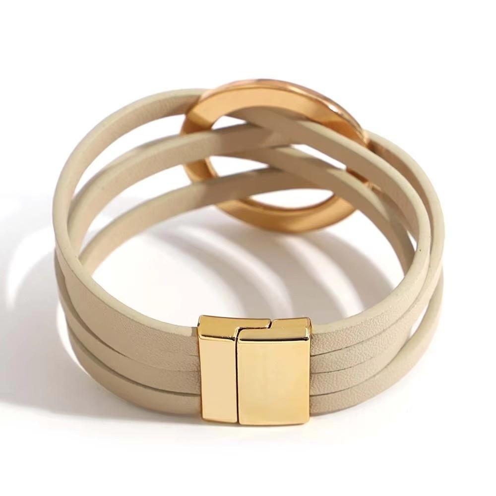 Leather Surface Leather Bracelets Adjustable Wrap Closure Hollow Circle Bracelet For Women