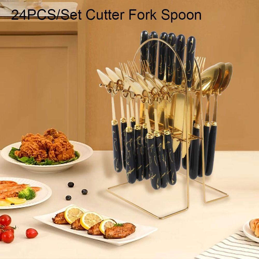 24pcs Stainless Steel Marbled Tableware Set Nordic Style Flatware Kit  Housewarming Gift