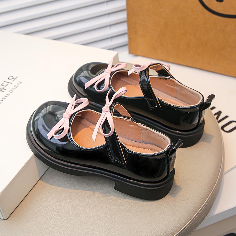 Spring Girl's Mary Janes Sliver Black Bowknot Elegant Kids Leather Shoes Chunky Round Toe Beautiful Chic Children Flat Shoe26-36
