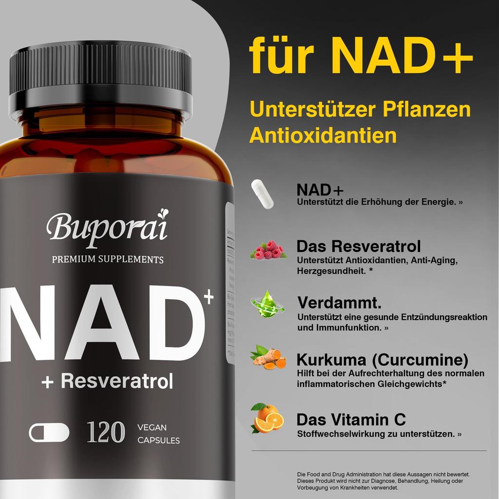Premium Supplements NAD+ Resveratrol support cellular energy, anti-aging, antioxidant effects, and promote cardiovascular health.
