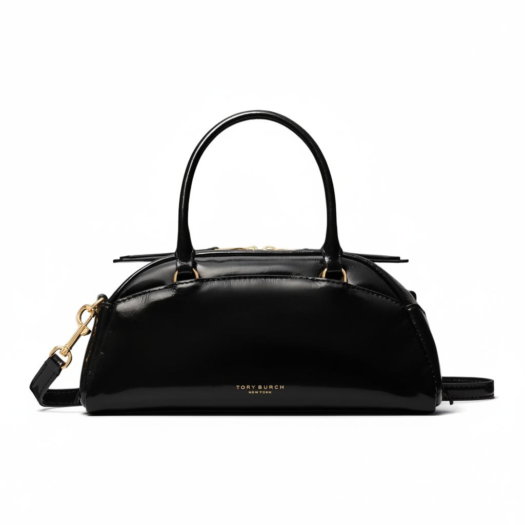 Tory Burch Logo Design Leather Bowling Bag Women Handbags Black 178799-001