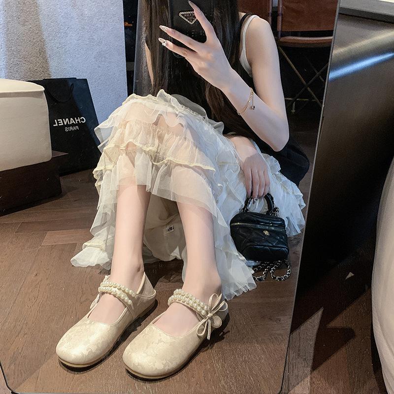 Mary Jane Shoes Women's Spring New Vintage Pearl One-Word Band Ballet Flats