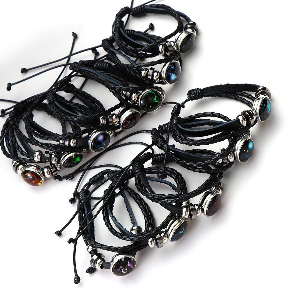 Регулируемый мужской женский браслет 12 созвездий Знаков зодиака Плетеный Светящийся Печатная Кожа