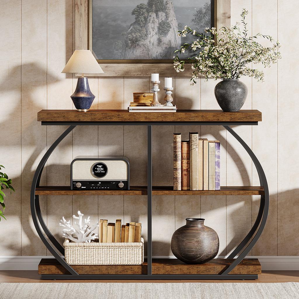 Tribesigns Console Table 105 cm Industrial 3-Tier Entrance Table with Curved Metal Frame and Shelves for Living Room and Hallway