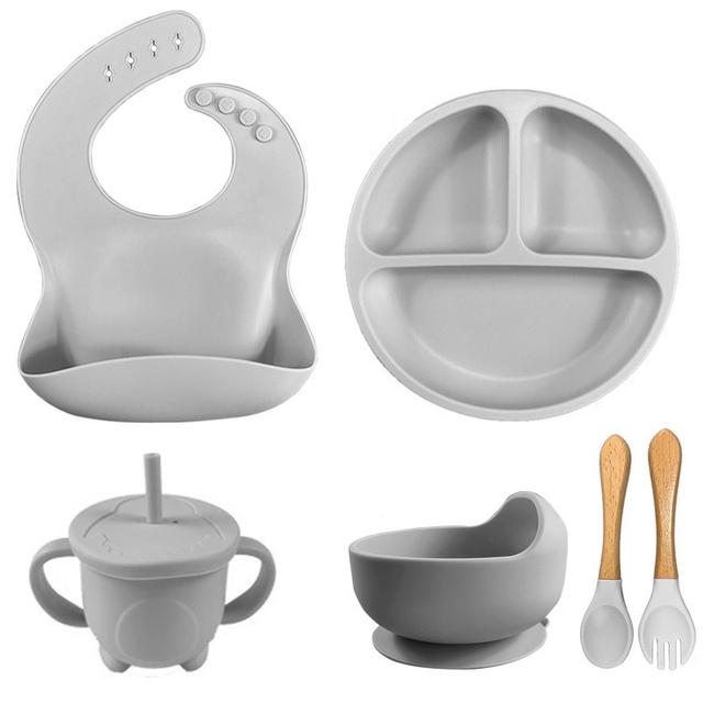 6 шт. детские тарелки для кормления детей, мягкая силиконовая миска, тарелка, чашка, нагрудники, ложка, вилка, набор, нескользящая мультяшная посуда для детей, не содержит BPA