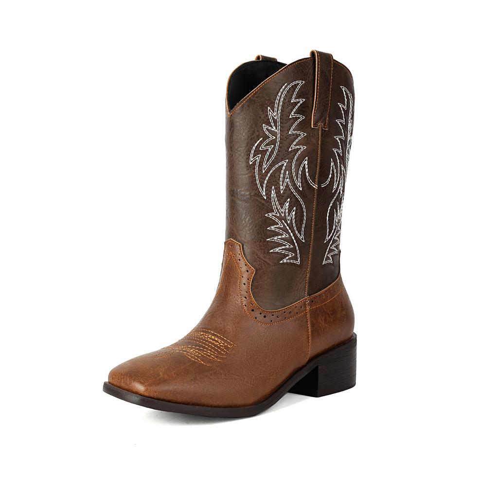 Embroider Western Boots Women's Cowboy Ankle Heels Boots Patchwork Mixed Colours Comfy Retro Shoes