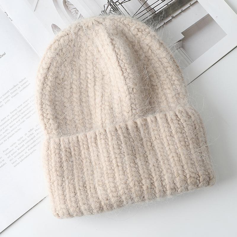 Konijnenbont Zachte Warme Beanie Muts Voor Vrouwen Wol Motorkap Dikke Gebreide Mooie Skullies Mutsen Ангорская вязаная шапка