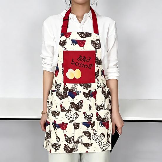 Canvas Apron with Multi-Pockets Egg Gathering Apron for Farm Home Adjustable Waist Fun Rooster Print Utility Apron for Gardening Cooking