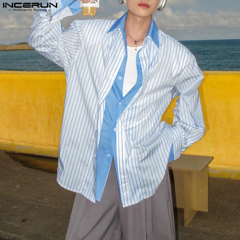 INCERUN Мужские рубашки с лацканами, длинными рукавами, имитацией двух частей, в полоску, на пуговицах, топы