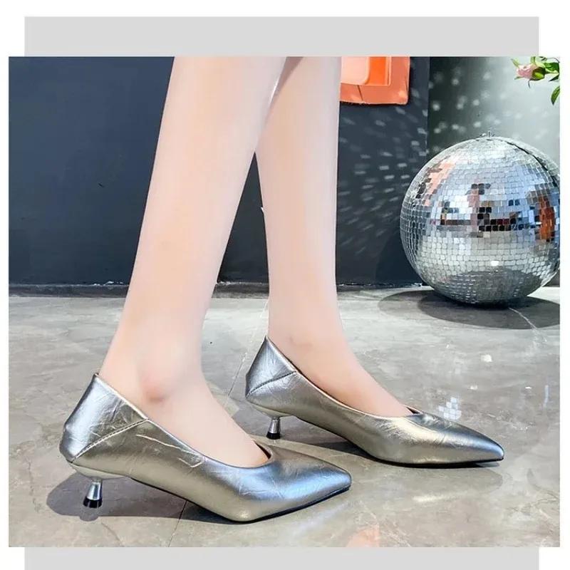 Модные Новые Женские Туфли-лодочки с Острым Носком, Туфли на Каблуке-рюмочке, Платье, Серебристые Офисные Рабочие Туфли для Женщин, Черные Весенне-осенние