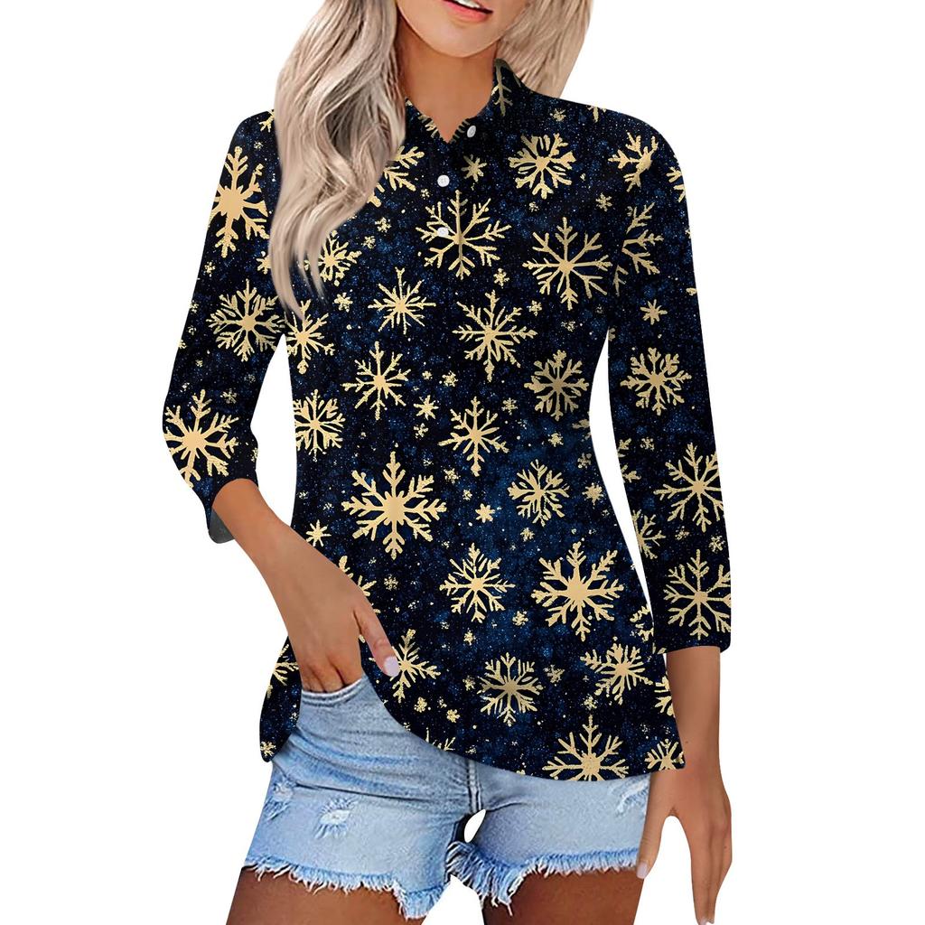 Women's Fashion Casual Lapel Short 3/4 Sleeve Christmas Print Shirt Women's Button Up Tops