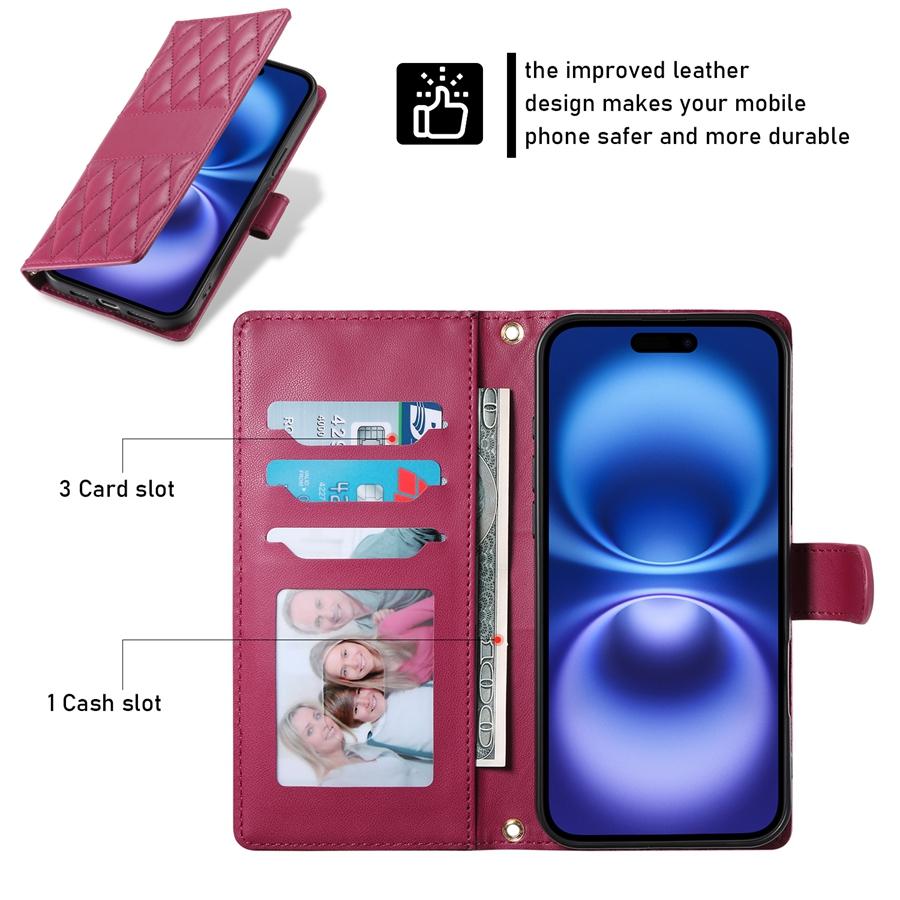 Premium PU Leather Diamond Quilted Phone Case with Photo Frame & Cash Pocket for Xiaomi/Redmi/Honor Detachable Wristband Strap Shockproof Case Cover
