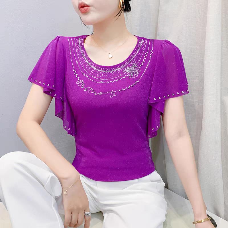 Летняя Новая Элегантная Футболка из Сетки с Короткими Рукавами и Круглым Вырезом Модные Рюши Горячие Бриллианты Женские Футболки Шикарные Рукава-Бабочки Повседневные Топы