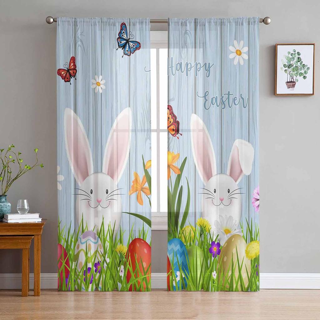 Easter Window Sheer Curtains for Bedroom Living Room Easter Egg Easter Bunny Spring Flower Chiffon Voile Sheer Drapes Curtain