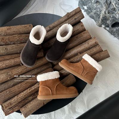 Версия из коровьей кожи~ ретро круглый носок уродливые милые короткие ботинки женские бархатные низкие сноубутсы теплые большие хлопковые туфли на толстой подошве пушистые ботинки