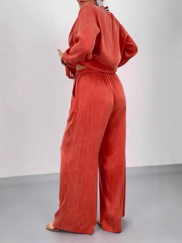 2025 Autumn/Winter Women's Crew Neck Patchwork Cardigan & Wide Leg Pants Set