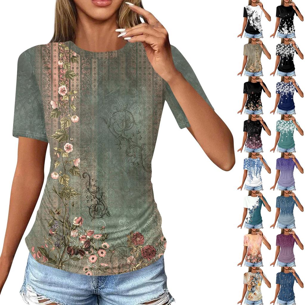 Women's T Shirts Fashion Casual Tops Round Neck Short Sleeve Printed Tunic