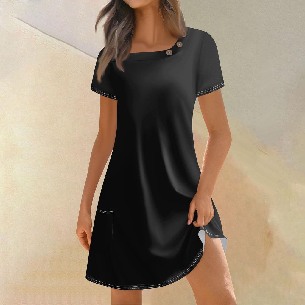 Женская мода, летние платья с квадратным вырезом и коротким рукавом, повседневные свободные однотонные платья с карманами и пуговицами