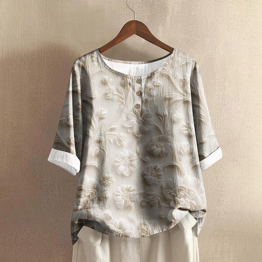 Женская модная и повседневная рубашка с полурукавом, круглым вырезом, принтом, из хлопка и льна, блузка-топ