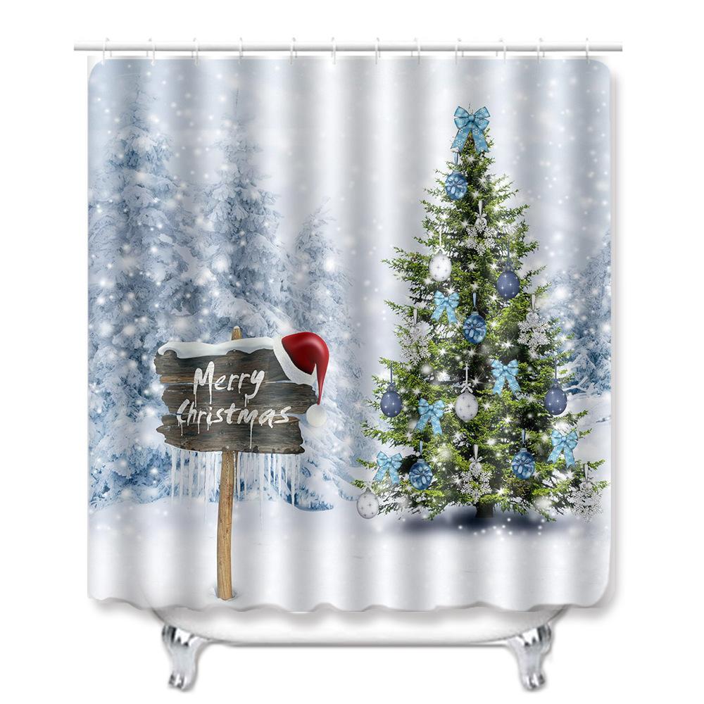 Christmas Shower Curtain Floor Mat Combination Four-Piece Set Bathroom Toilet Carpet Shower Room Mat Foot Mat
