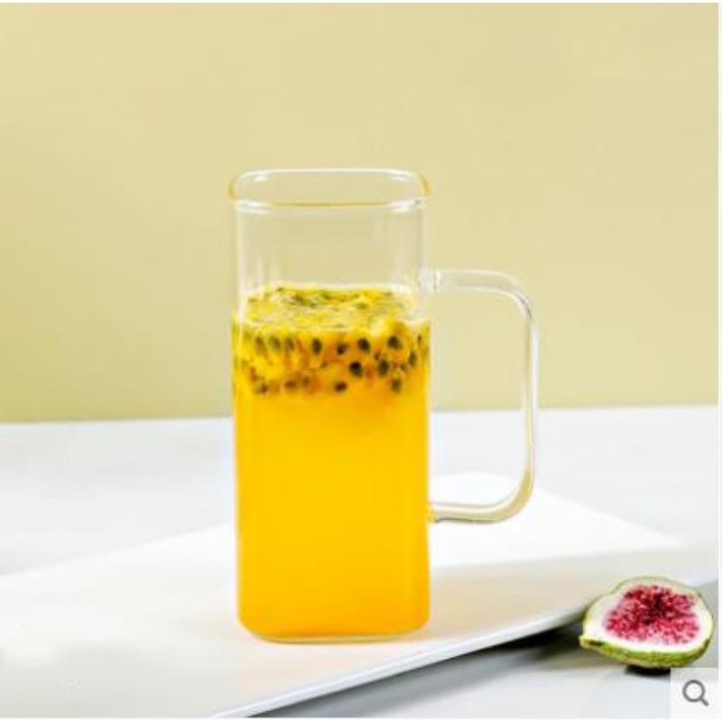 High Value Glass Straw Cup with Cover Square Color Handle Transparent Glass Milk Tea Flat Bottom Single Layer Cup