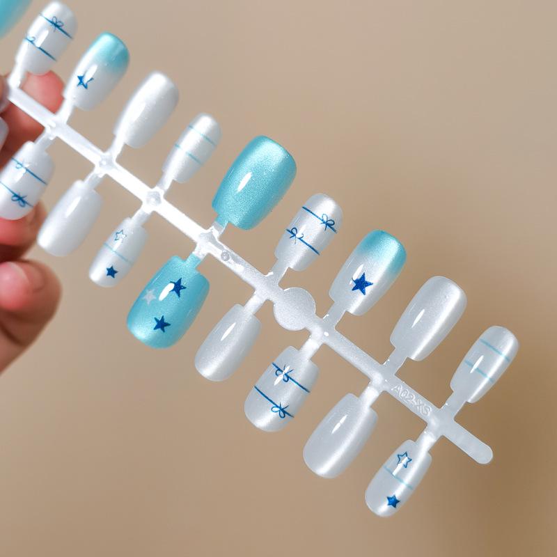 Summer Cat Eye Ready-Made False Nail Tips with Stars and Simple Lines Design