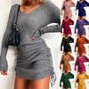Women's Fashion Sexy V-neck Long Sleeve Sweater Dress Drawstring Solid Color Loose Above Knee Knitted Pullovers