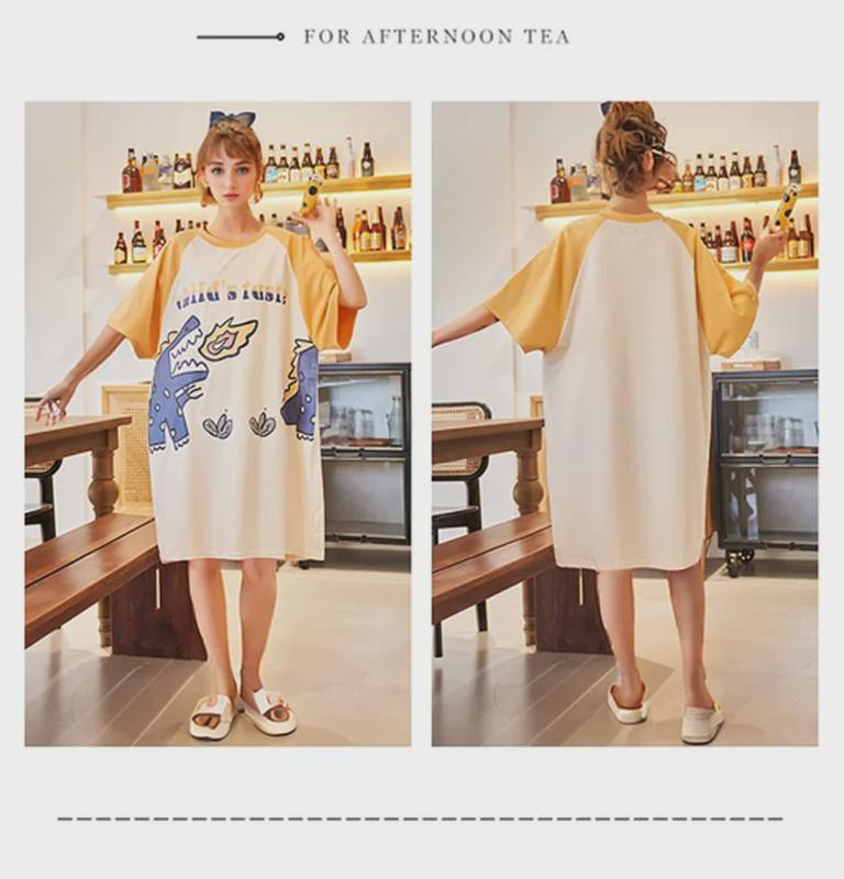 Милая хлопковая летняя ночная рубашка с рисунком для женщин – свободный крой, короткий рукав, корейский стиль, юбка средней длины