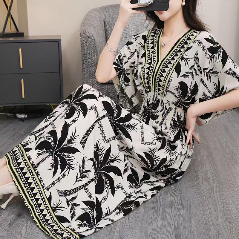 Этническое платье с V-образным вырезом и короткими рукавами из вискозы с французско-тайским принтом для женщин, к 25-летнему юбилею