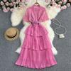 Women Summer Retro Solid Pleated Hollow Elegant Tiered Dress Spring Lace Short Sleeve Long High Waist Dresses