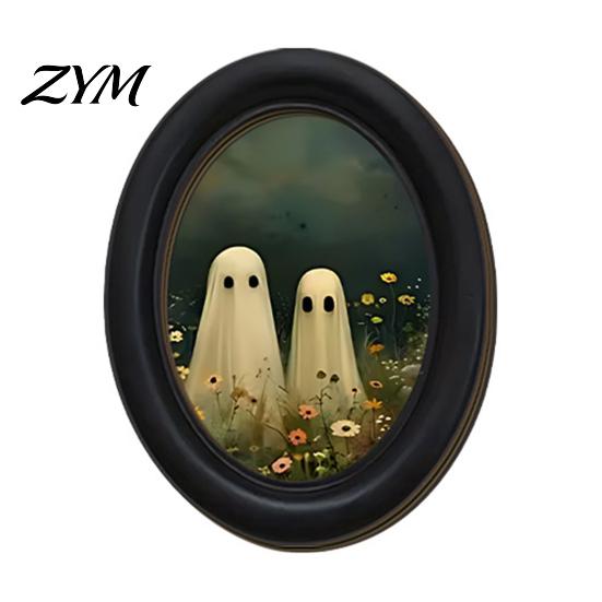 Unique Housewarming Gifts Halloween Wooden Door Hanging Sign, Oval Gothic Black Cat Ghost Wall Plaque, Retro Spooky Aesthetic Room Decor Waterproof
