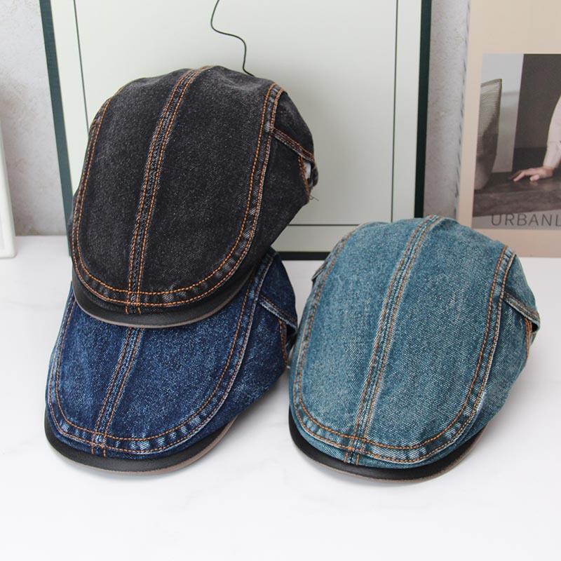 Retro washed denim forward hat men's and women's American old short brim beret adjustable buckle street painter newsboy hat