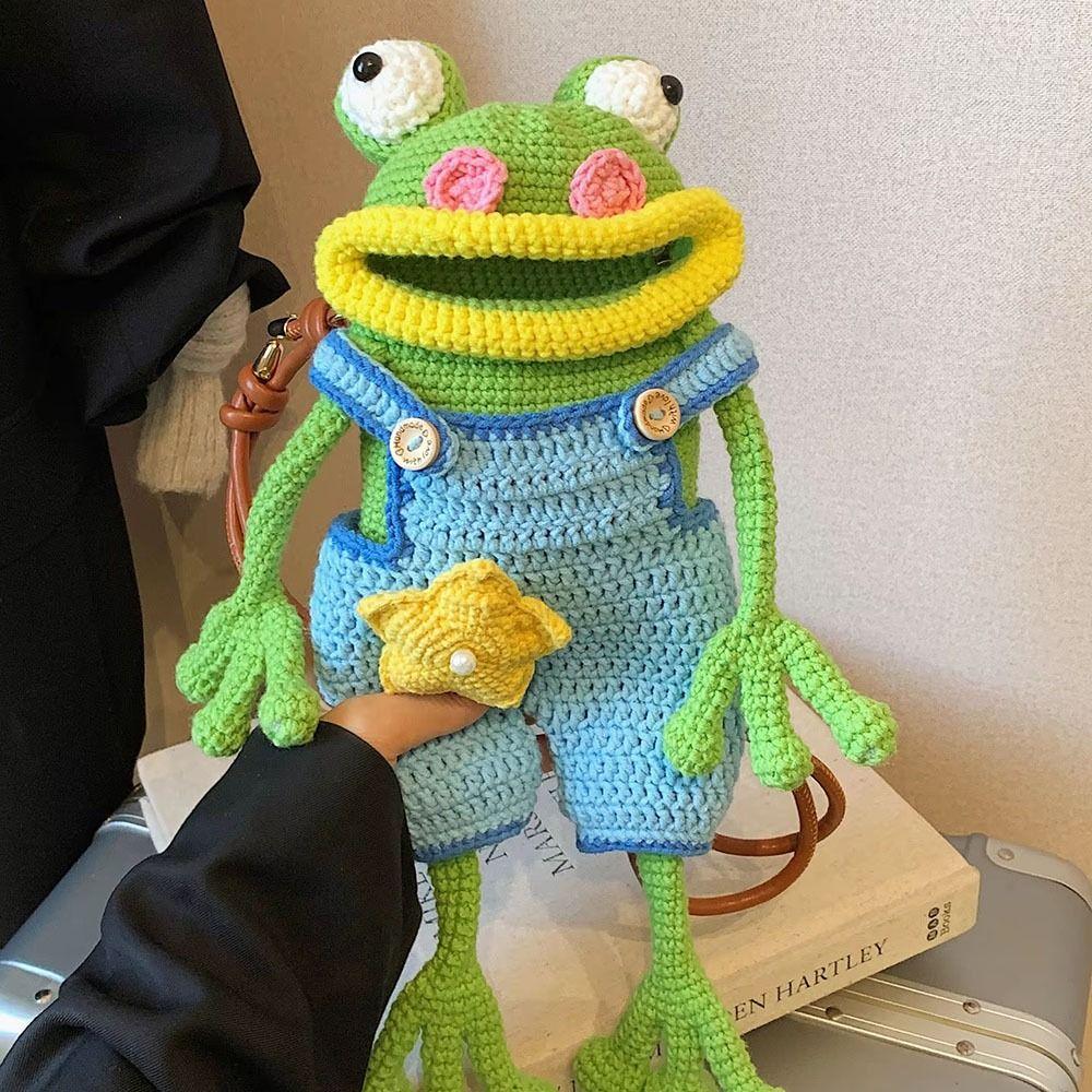 Handwoven Big Mouth Frog Phone Pouch DIY Material Bag Crossbody Crochet Purse  Parent-child