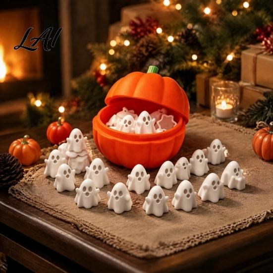 Cute Ghost Figurine Pumpkin Bucket with Mini Ghosts Halloween Candy Bowl Figurines Party Snack Holder for Farmhouse Home Table Centerpiece Desktop